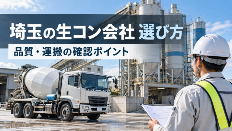 生コンクリート製造工場のサイロや設備を背景に停車する白いアジテータ車と、ヘルメットを着用して図面を確認する作業員。「埼玉の生コン会社 選び方」「品質・運搬の確認ポイント」の文字を配置。